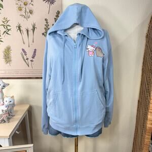 Sanrio Hello Kitty x Pusheen Cat Blue Full Zip Hoodie Jacket Cutecore Kawaii L